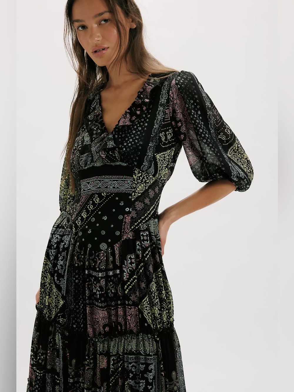 Free People Black Patchwork Paisley Maxi Dress